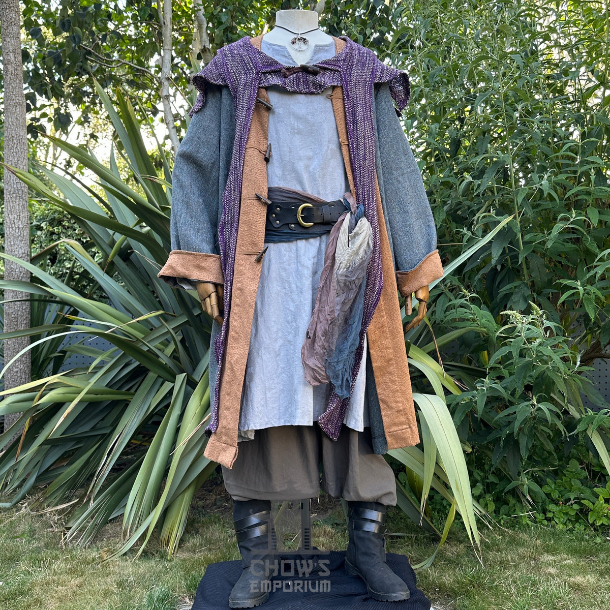 Medieval LARP ocean cleric ensemble with layered robe and belt.