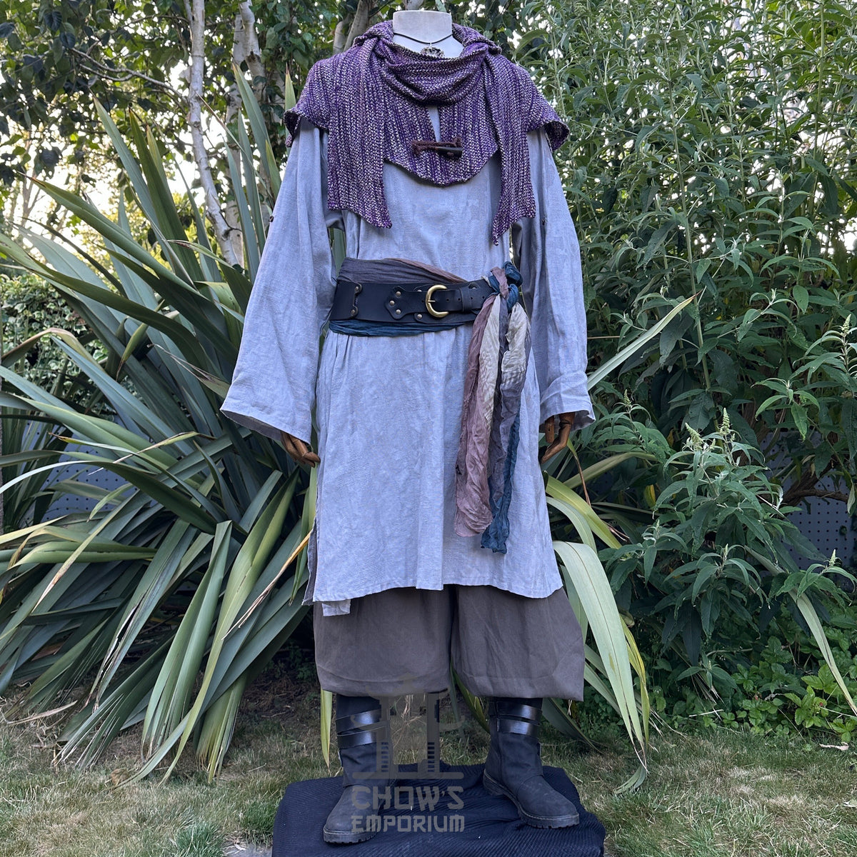 Ocean Cleric LARP set with grey robe, tunic, and purple hood.