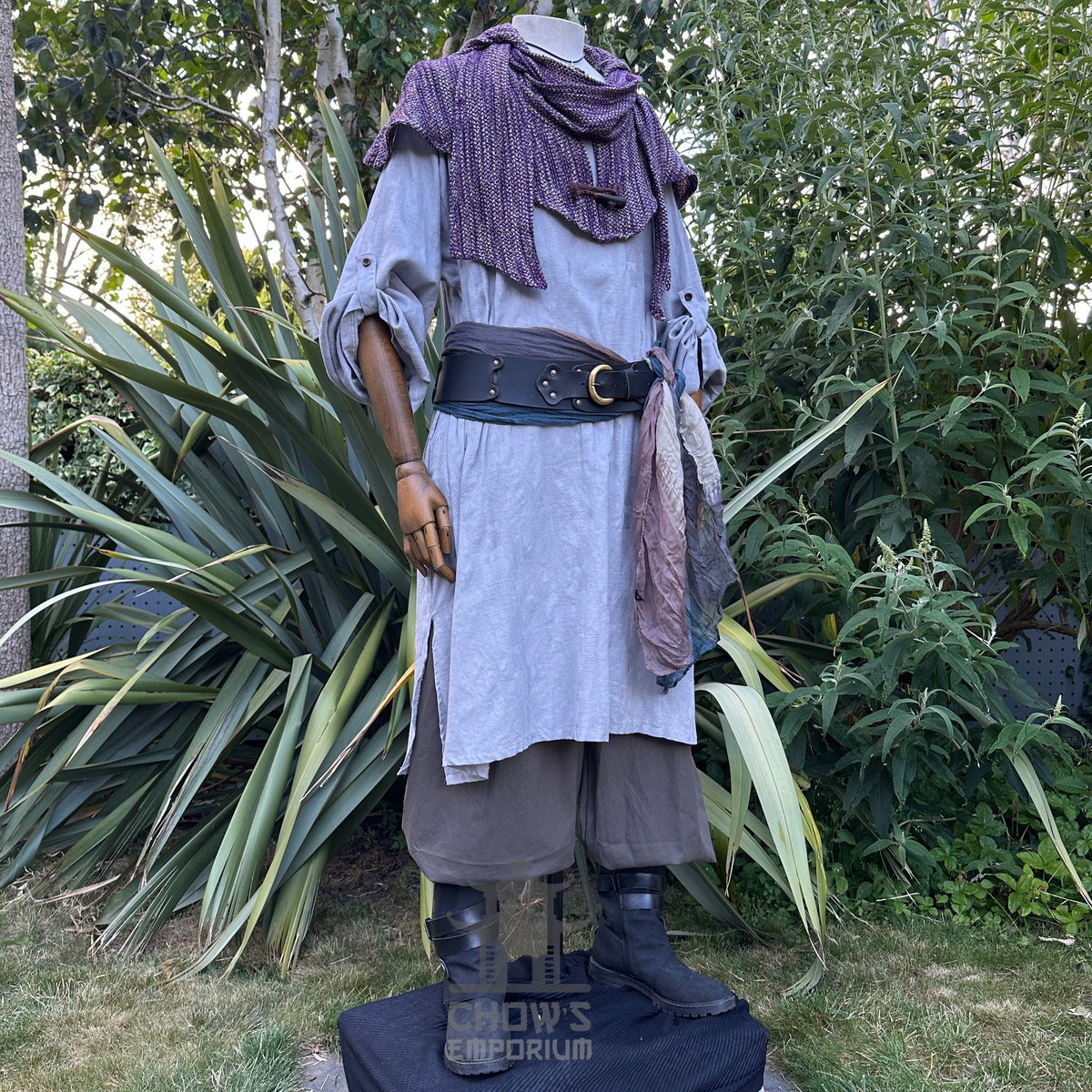 Grey and purple LARP cleric set with robe, hood, and sash on mannequin.