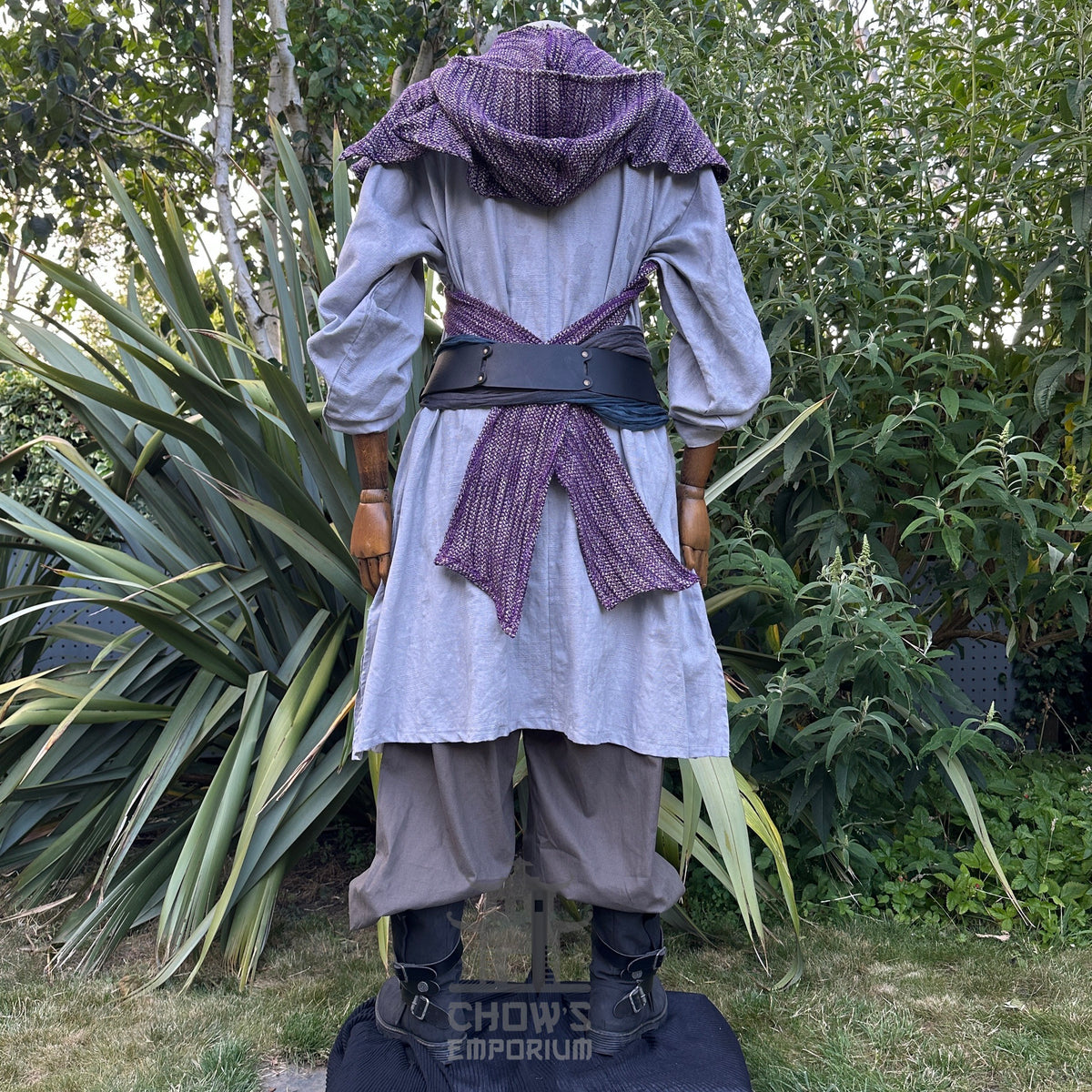 Back view LARP Ocean Cleric set: grey robe, purple hood, sash.