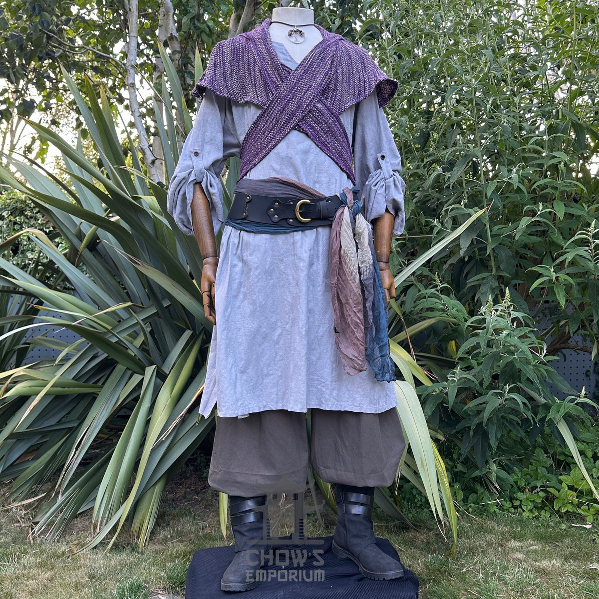 LARP Ocean Cleric set with grey robe, purple sash, black belt.