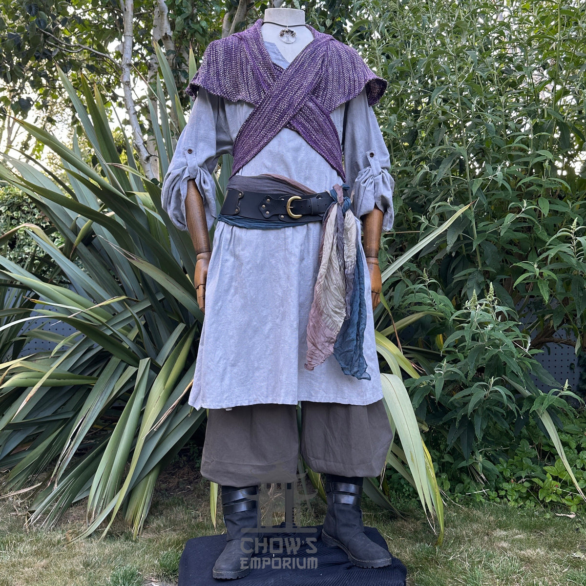 Grey robe with purple sash and necklace detail, medieval LARP costume.