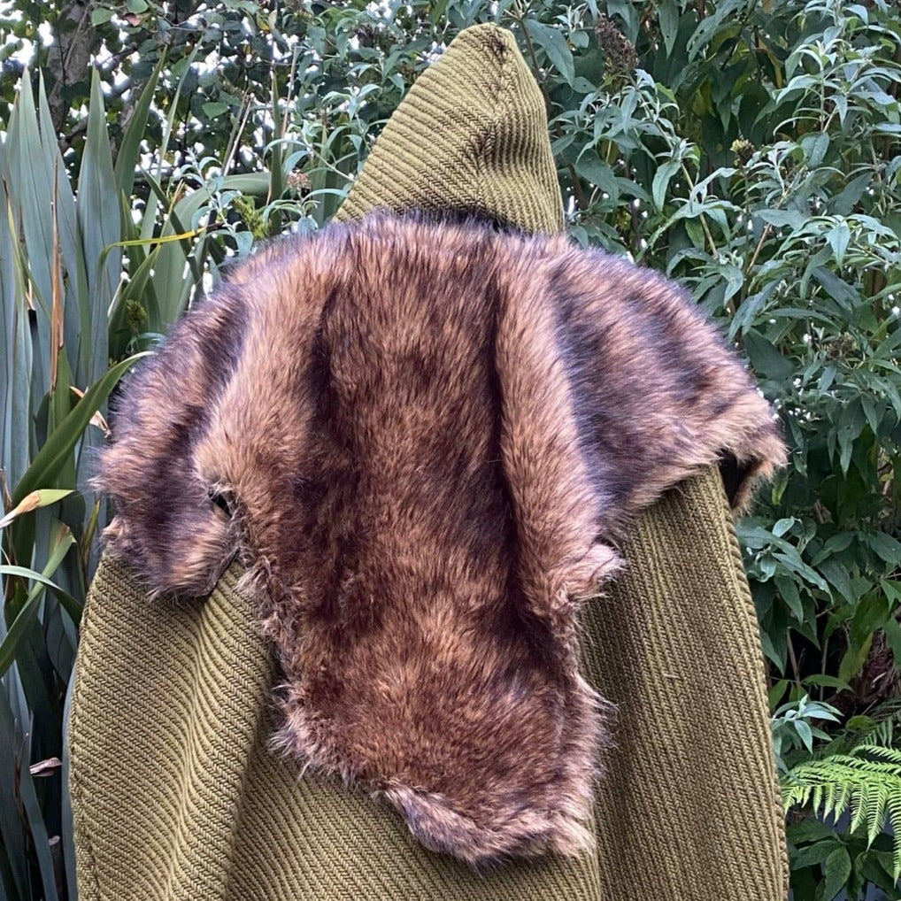 Green knit hood and brown faux fur mantle for medieval LARP.