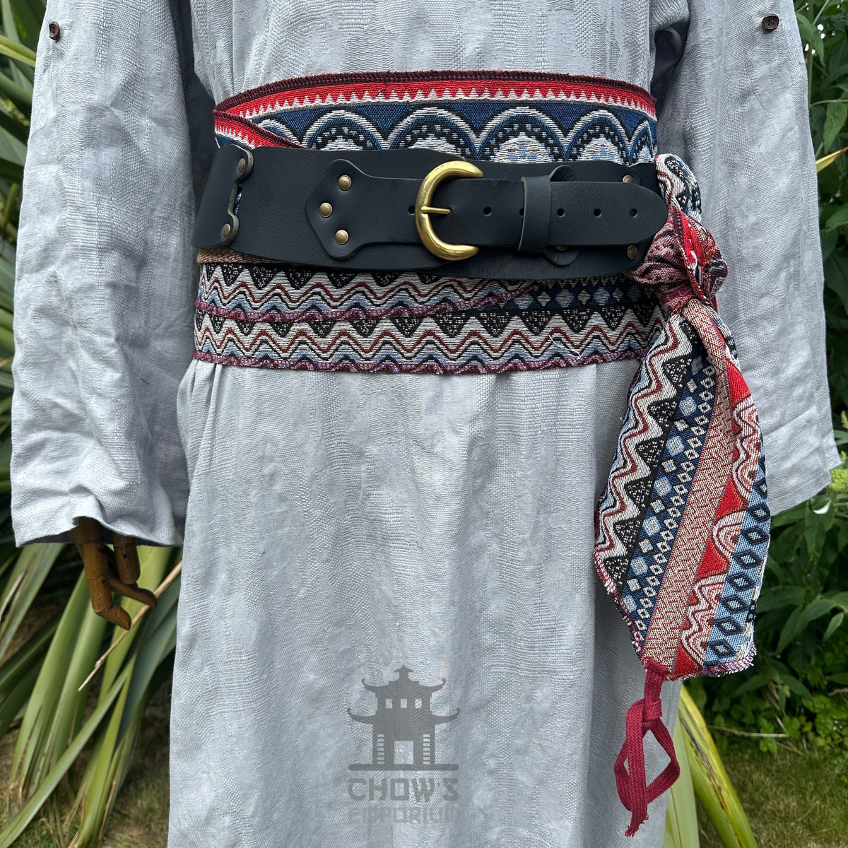 Buffalo leather LARP belt and patterned sash in red, white, and blue.
