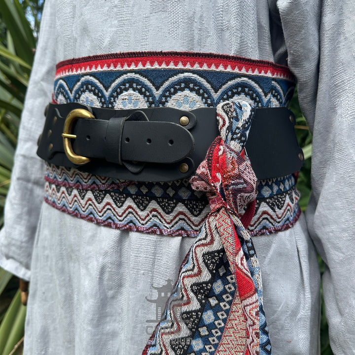 LARP-Gürtel- und Schärpenset mit Zubehör - Dunkelgraue Wolle - Schwarzes Büffelleder - Geschenkideen