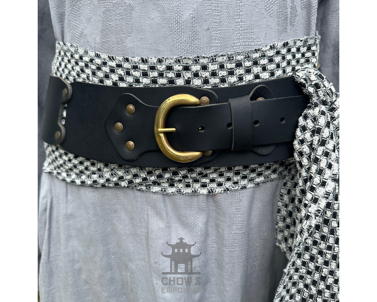 LARP belt and sash set, black and white check, close-up, buffalo leather.