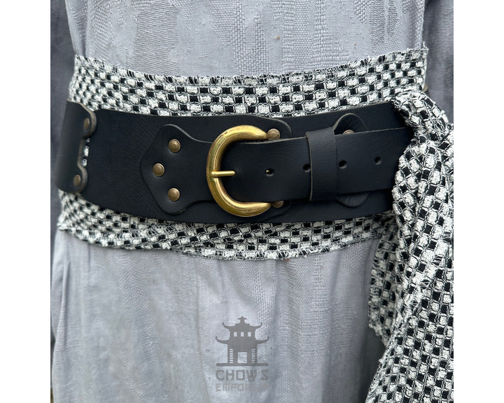 LARP Belt and Sash Set - Black and White Check Pattern - Buffalo Leather