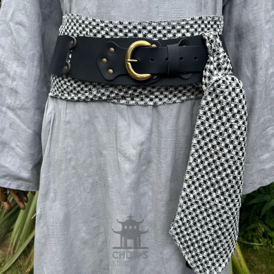 LARP Belt and Sash Set - Black and White Check Pattern - Buffalo Leather
