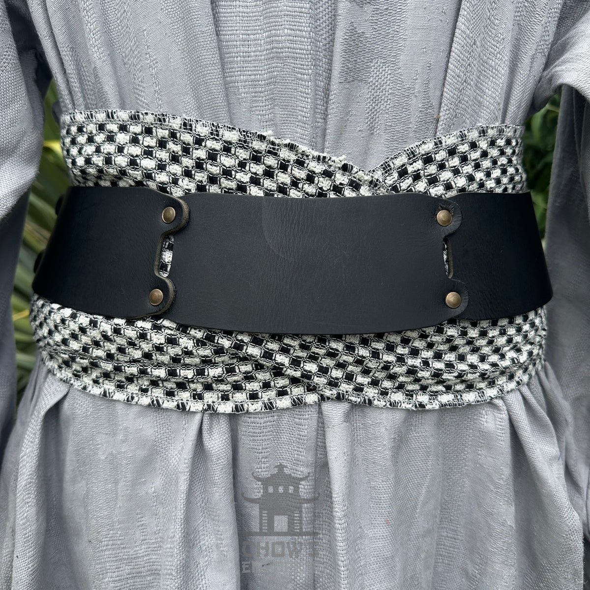 LARP belt and sash set, black and white check pattern, buffalo leather.