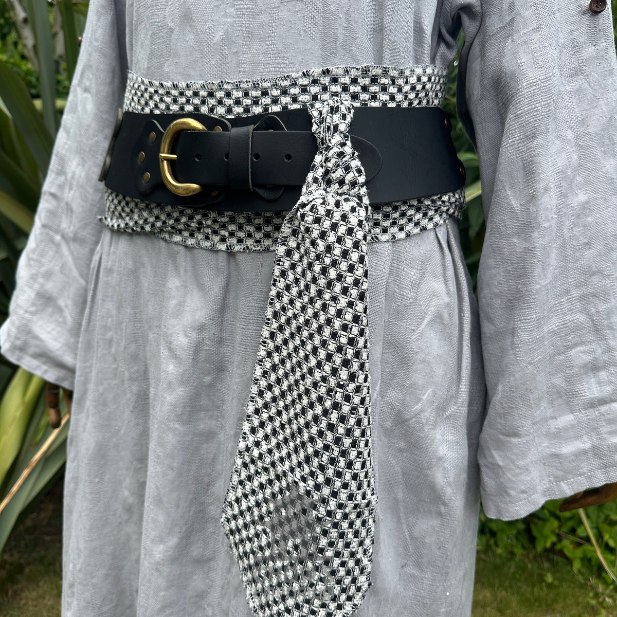 Black and white check LARP belt and sash set made of buffalo leather.