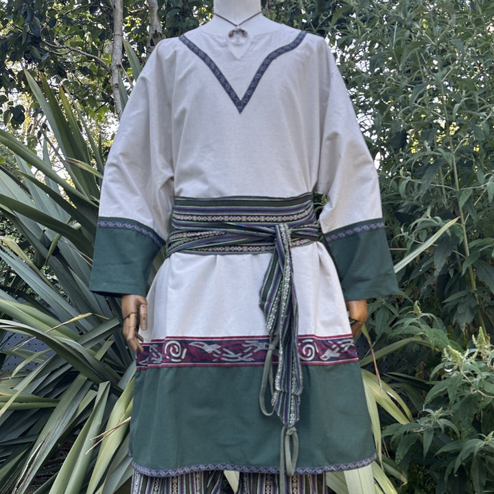 LARP Basic Outfit - 4 Pieces White & Green (Tunic, Hood, Trousers and Sash)