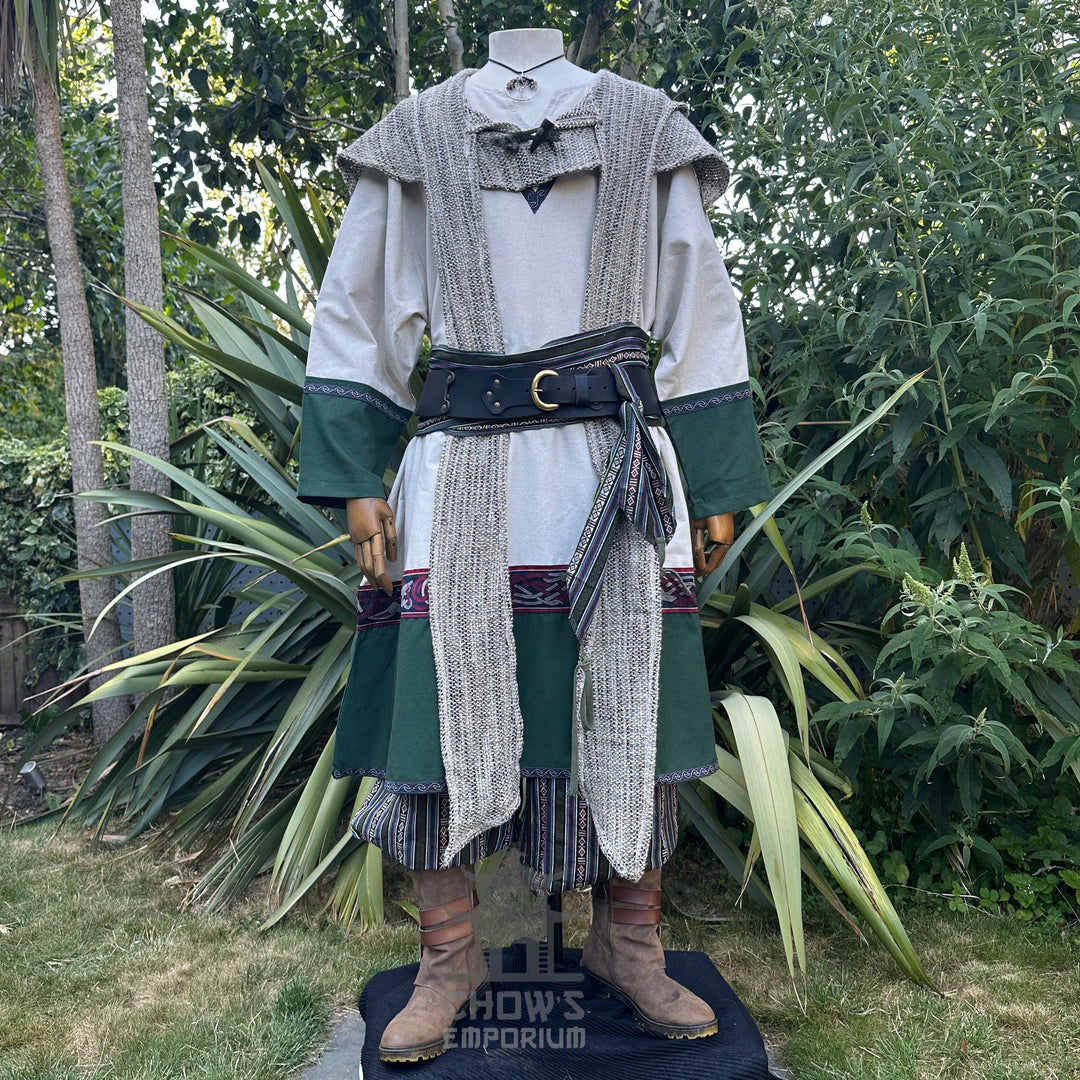 Sage green wool scarf hood on medieval outfit with grey knit detailing.