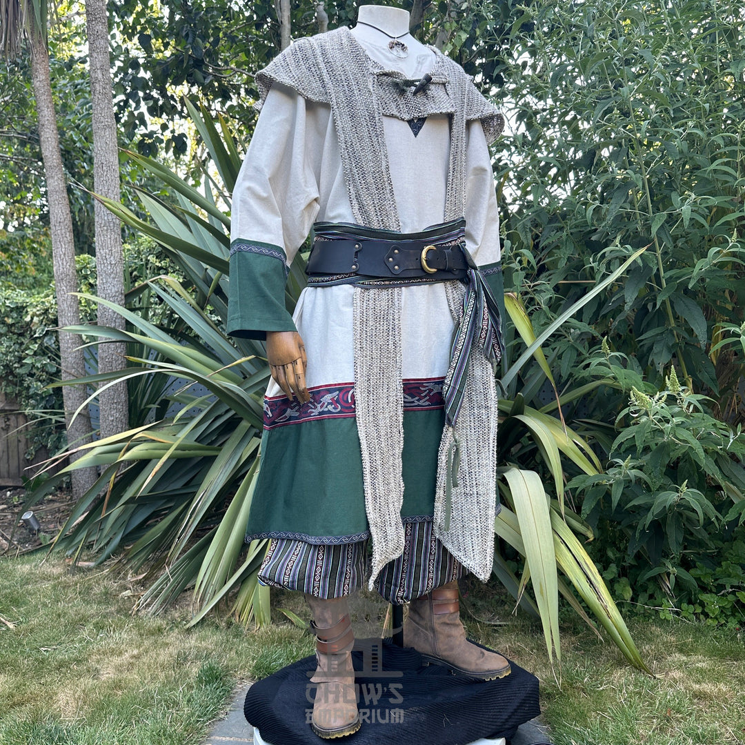 Woodland Merchant LARP Outfit - 7 Pieces (Coat, Tunic, Hood, Belt, Sash, Pants, Necklace)