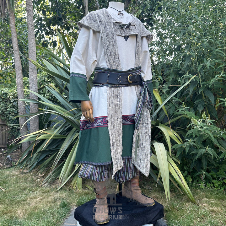 Woodland Merchant LARP Outfit - 7 Pieces (Coat, Tunic, Hood, Belt, Sash, Pants, Necklace)