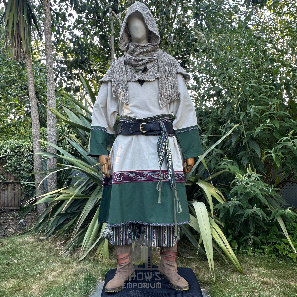 Viking tunic in white and green linen for LARP, front view with hooded cape.
