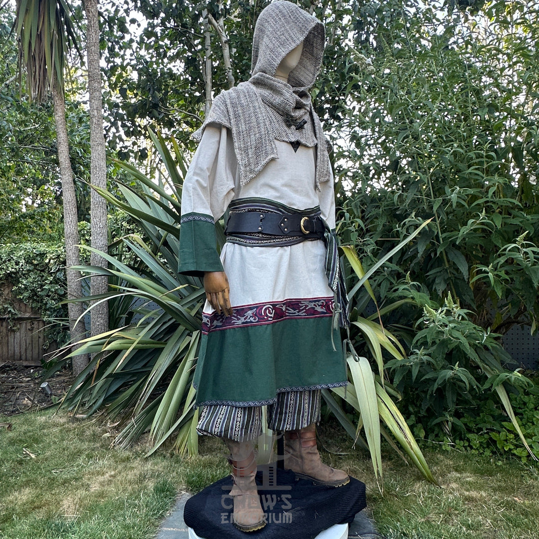 Sage green wool scarf hood, medieval style, side view, LARP accessory.