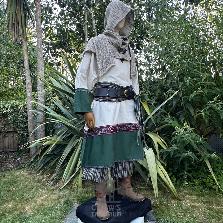 Sage green wool scarf hood, medieval style, side view, LARP accessory.