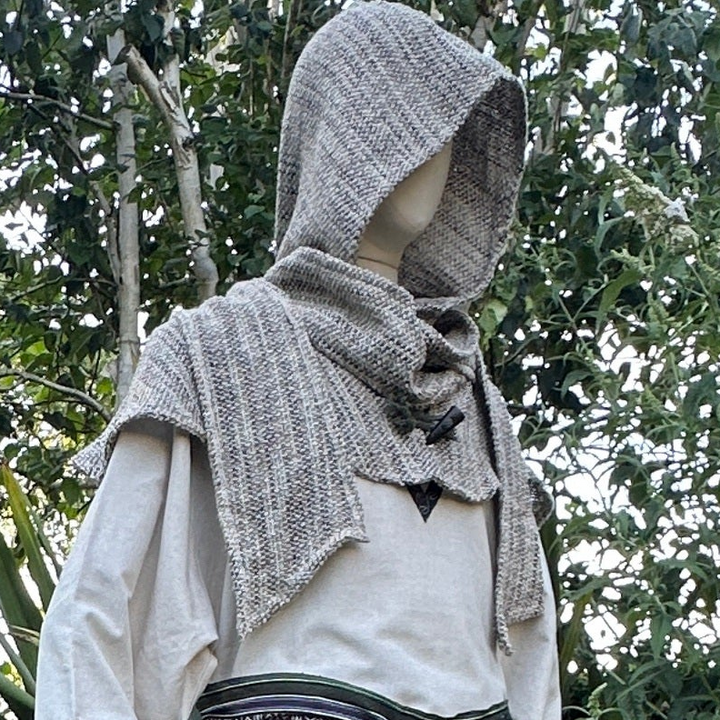 LARP medieval wool scarf hood in earthy tones on mannequin.