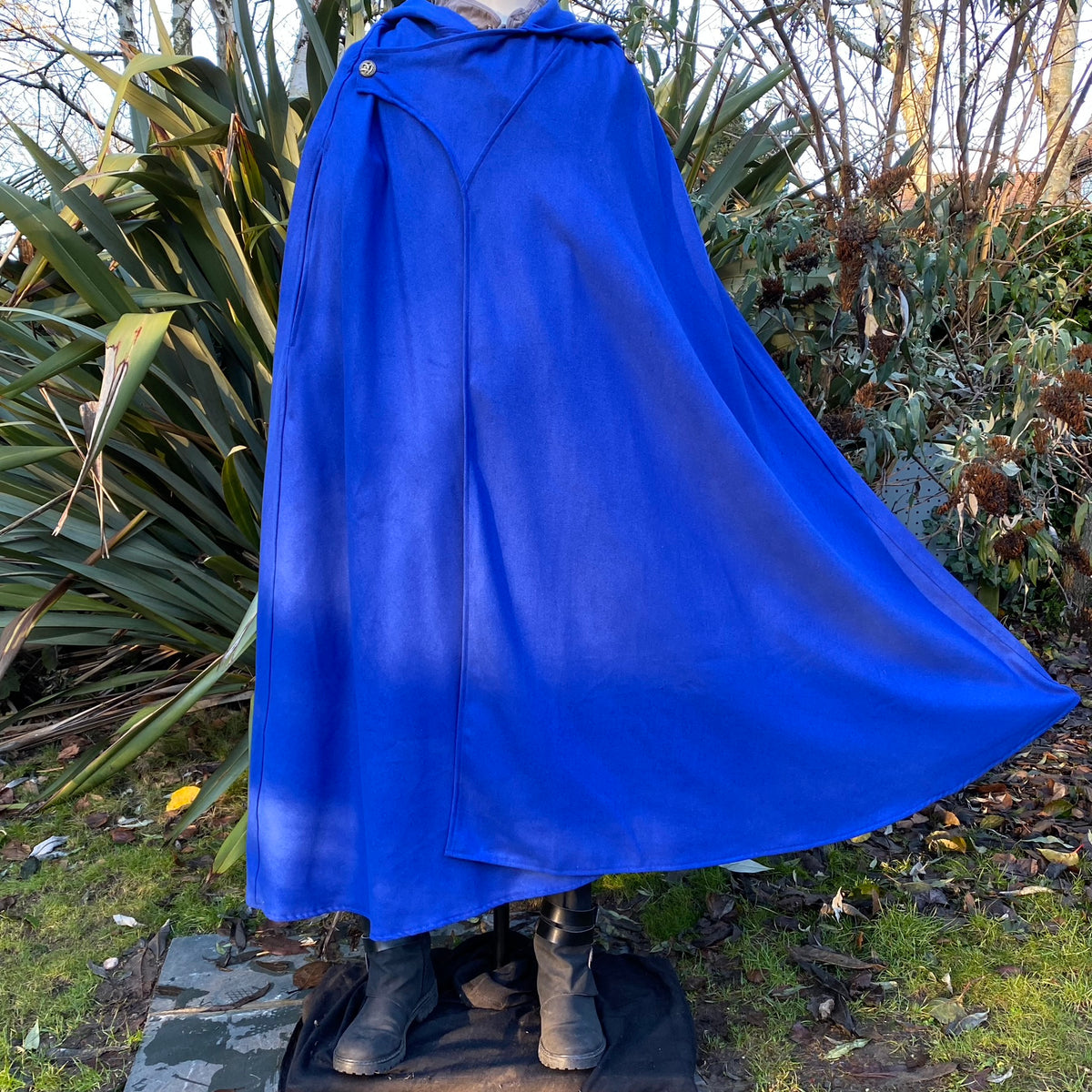 Medieval LARP royal blue cloak, flowing front view.