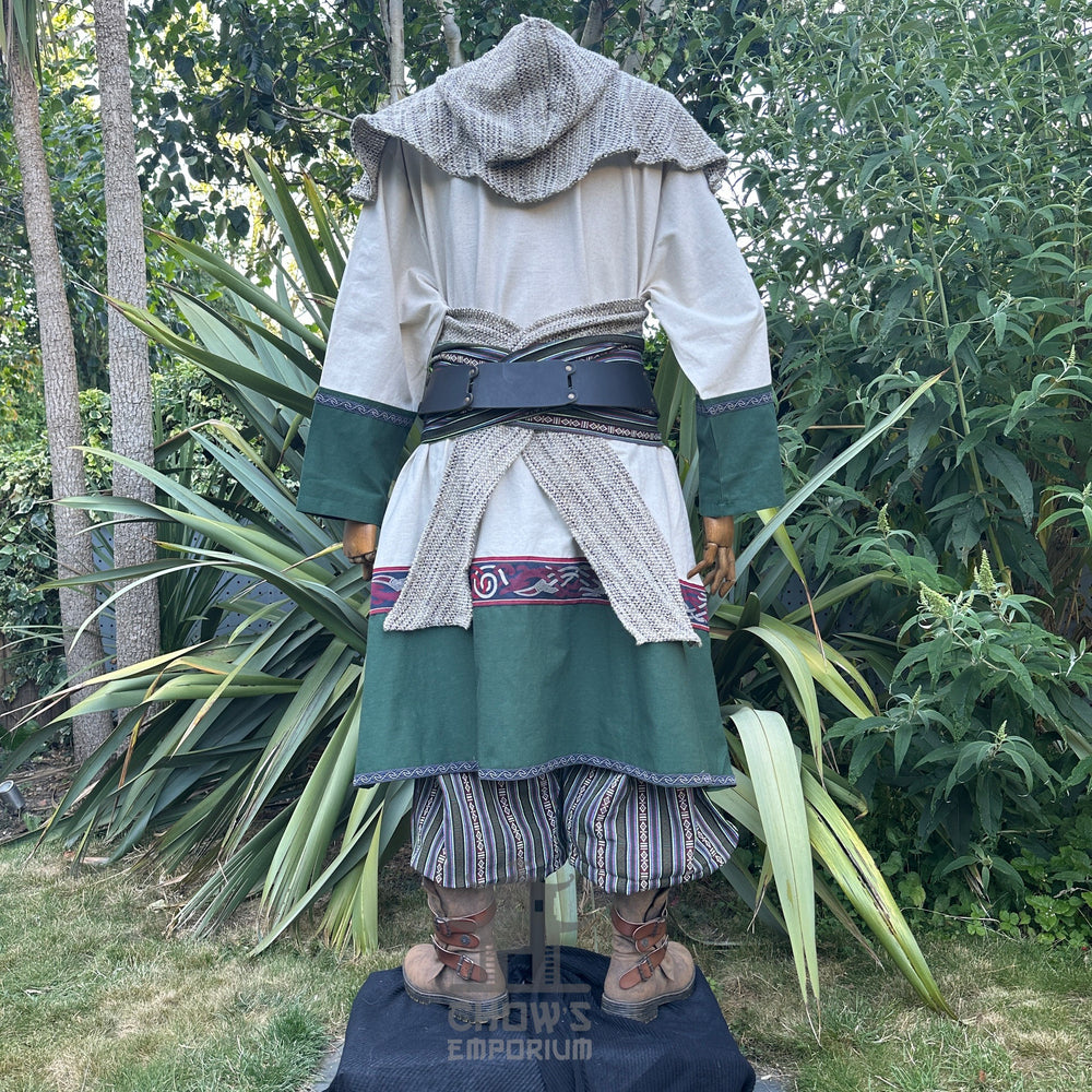 Medieval LARP outfit back view, featuring a two-tone tunic, woollen hood, trousers and matching sash. For Renaissance Faire and historical roleplay events.