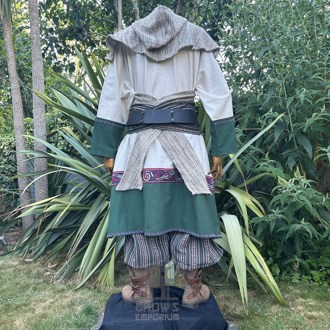 Sage green wool scarf hood for medieval LARP, view from the back.