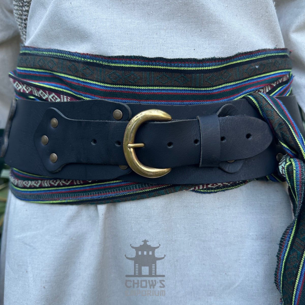 Medieval LARP belt and sash set with green stripes and brass buckle.