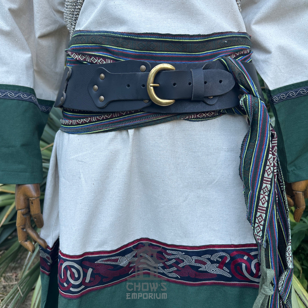 LARP Belt and Sash Set - Green Stripe Pattern - Buffalo Leather
