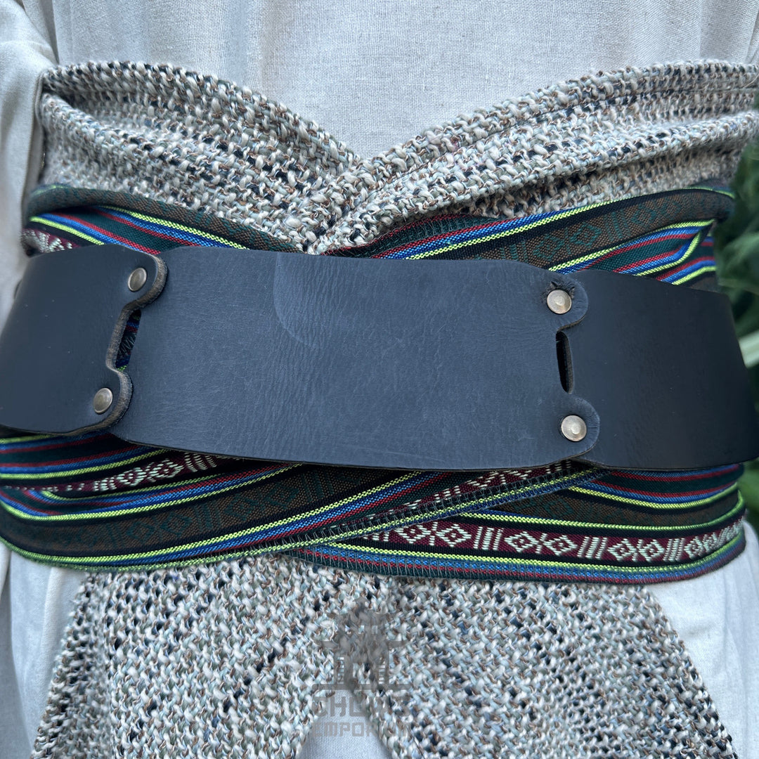 LARP Belt and Sash Set - Green Stripe Pattern - Buffalo Leather