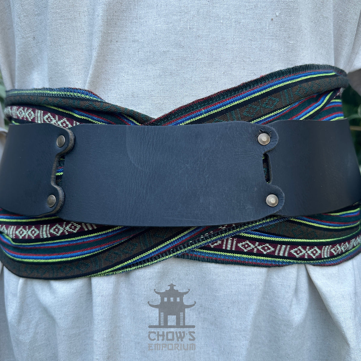 LARP belt and sash set in green stripes, buffalo leather close-up.