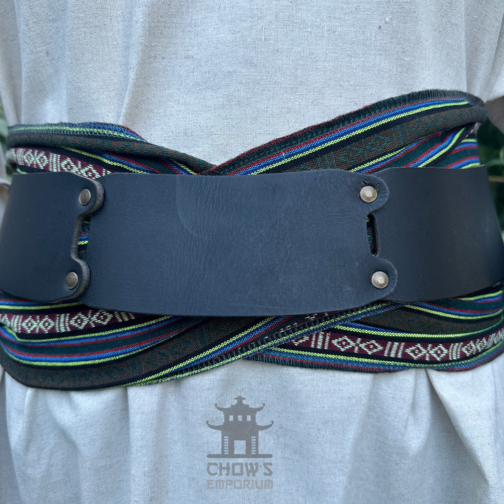 LARP Belt and Sash Set - Green Stripe Pattern - Buffalo Leather