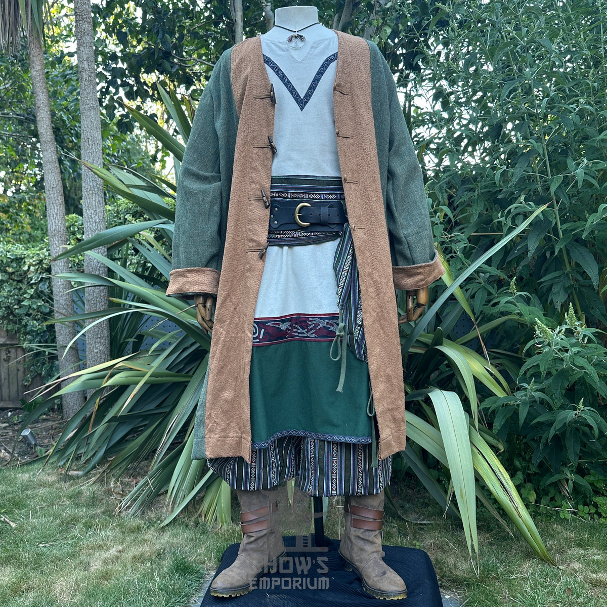 LARP Viking tunic in white and green linen mix with brown accents.