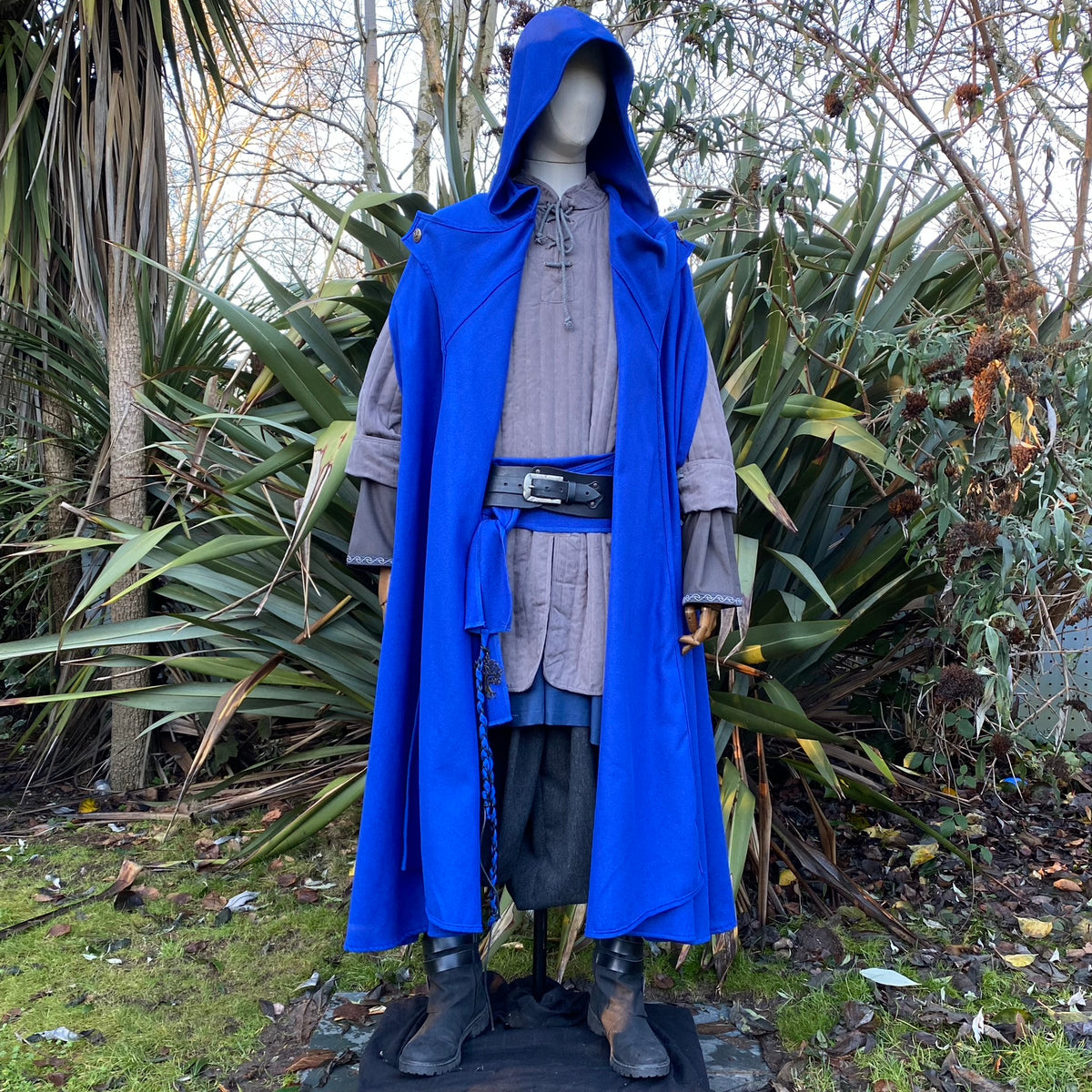 Mannequin in blue hooded Viking cloak for LARP.