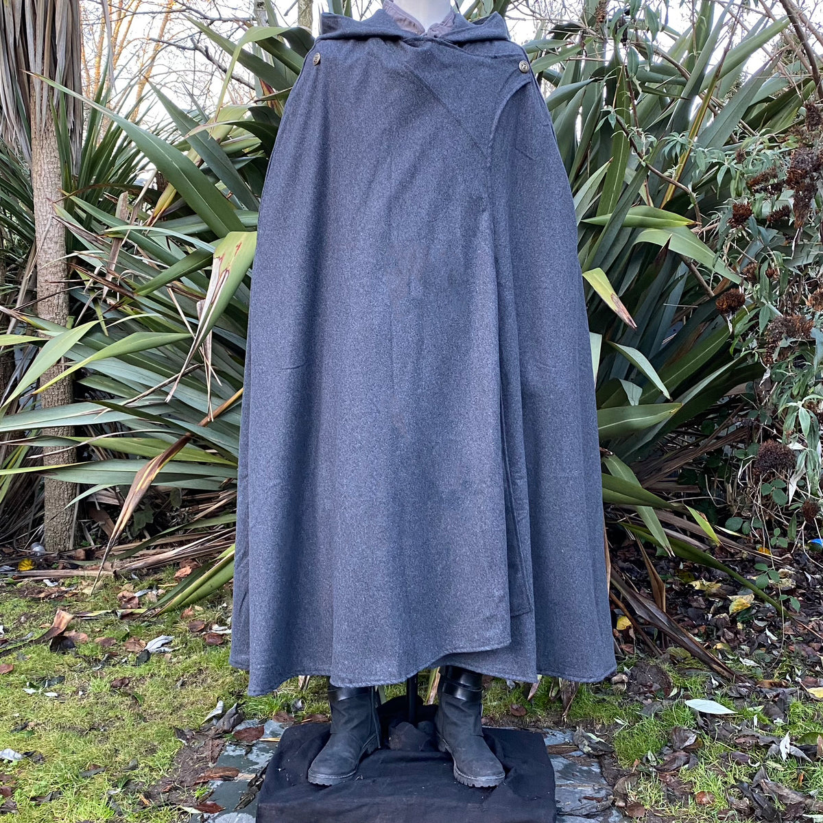 Front outdoor view of grey hooded LARP cloak, medieval fantasy cosplay costume for rangers and.