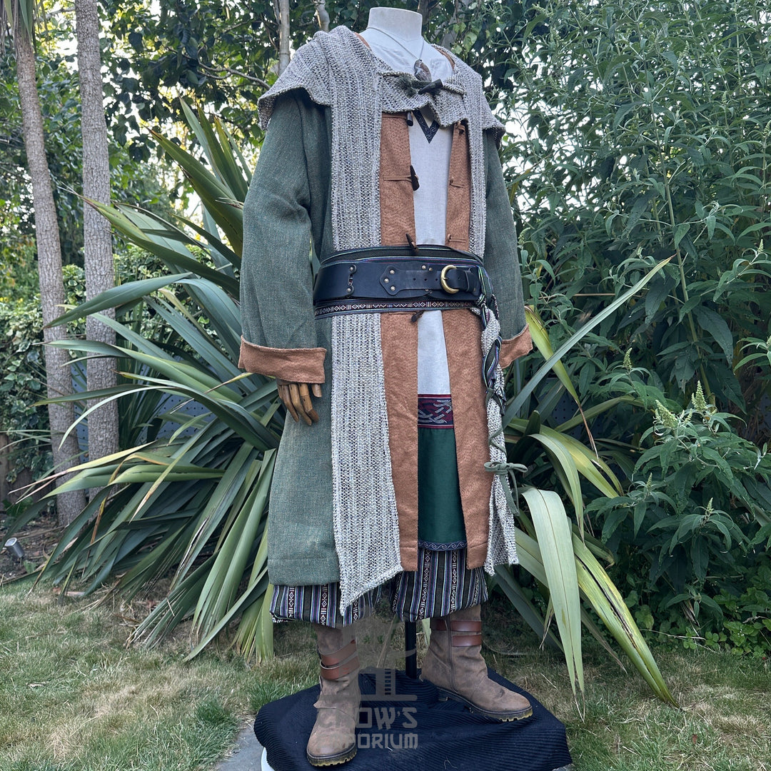 Medieval LARP costume side view featuring a green pirate coat, tunic, hood, sash and necklace. For Renaissance Faire and historical roleplay events.