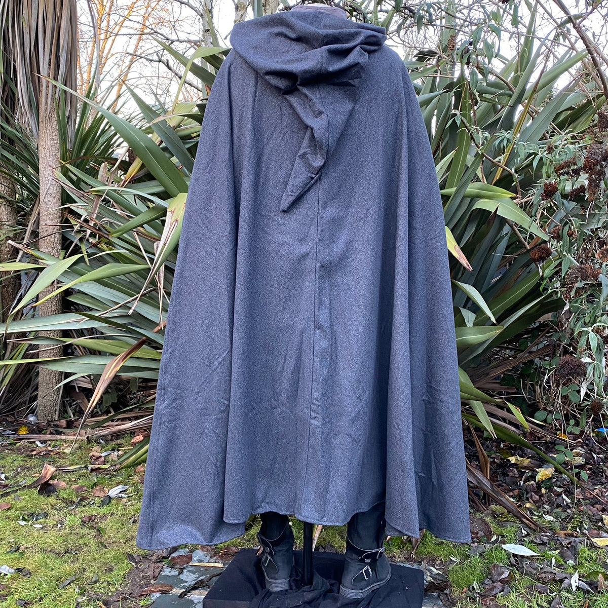 Angled back view of flowing grey LARP cloak, medieval fantasy cosplay costume for Renaissance.