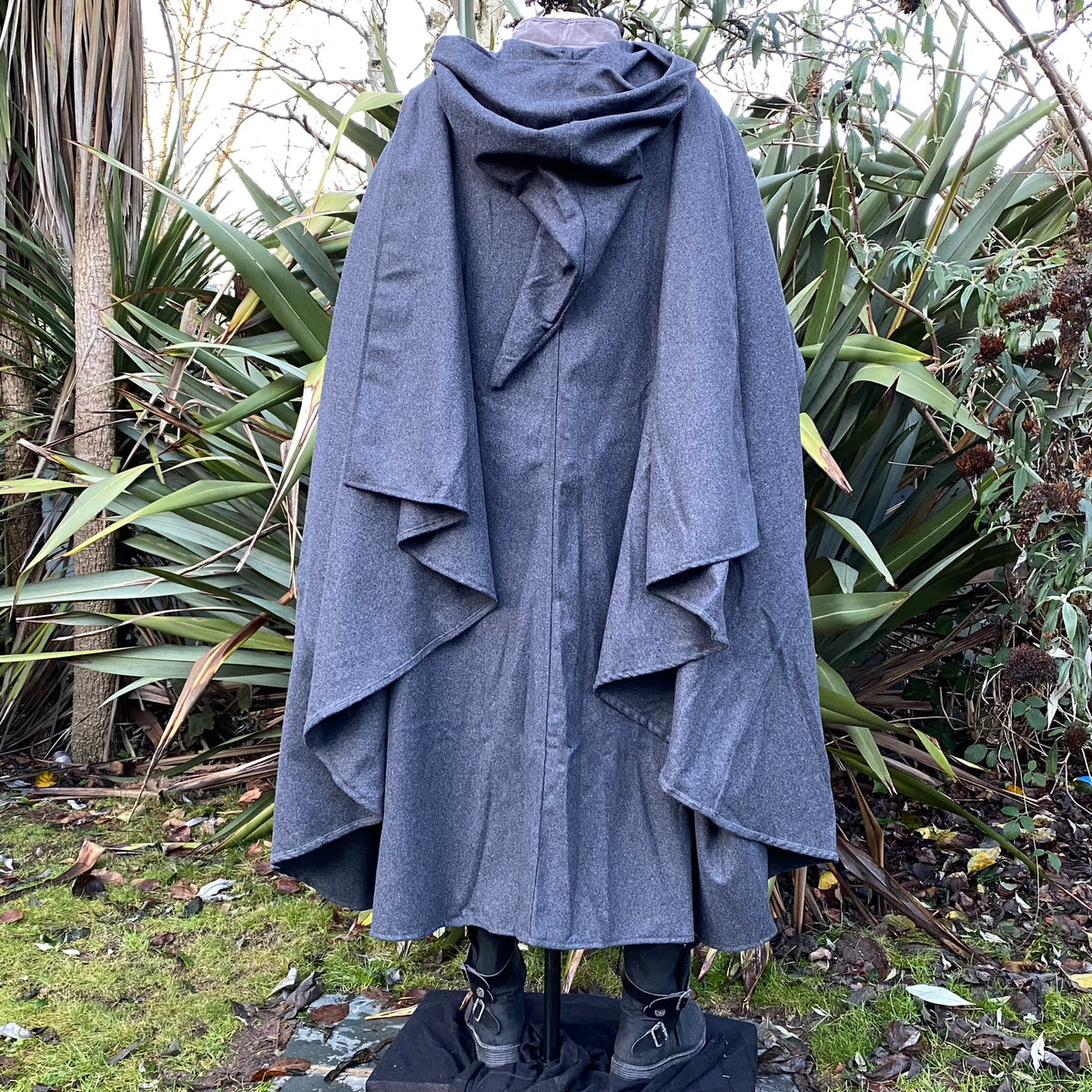 Full-length back view of grey hooded LARP cloak, authentic medieval fantasy cosplay costume for.