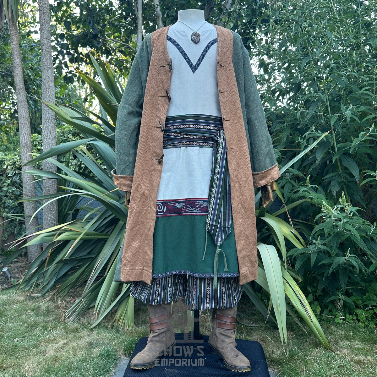 Brown and green medieval LARP outfit on mannequin.