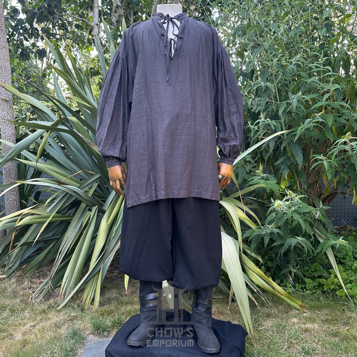 Dark grey cotton and linen medieval LARP shirt with laced collar. Front view.