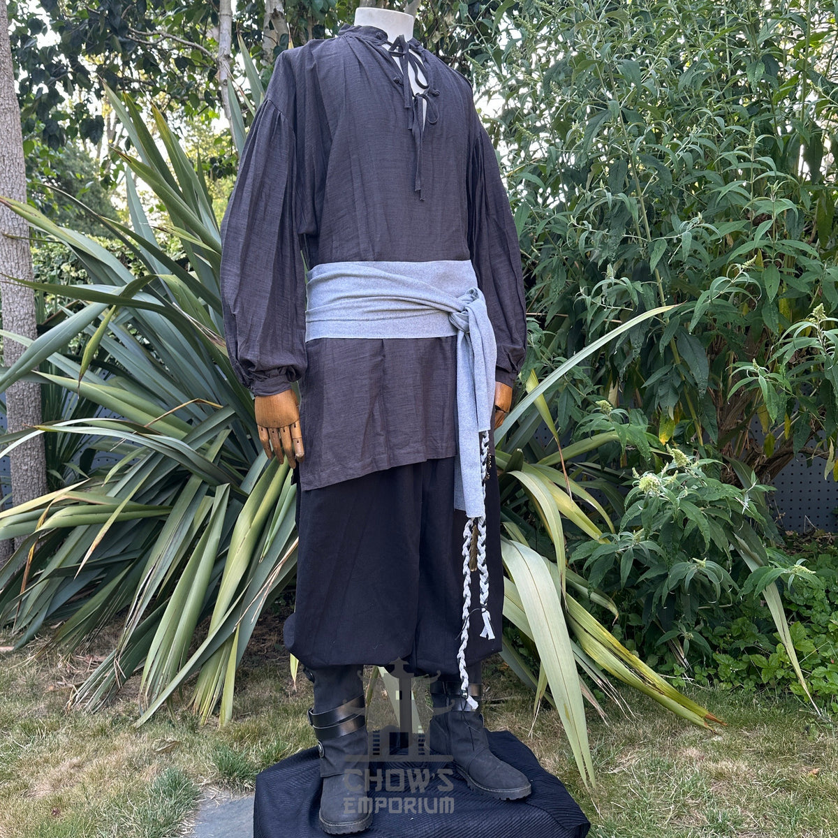 Medieval dark grey cotton and linen shirt for LARP, front view.