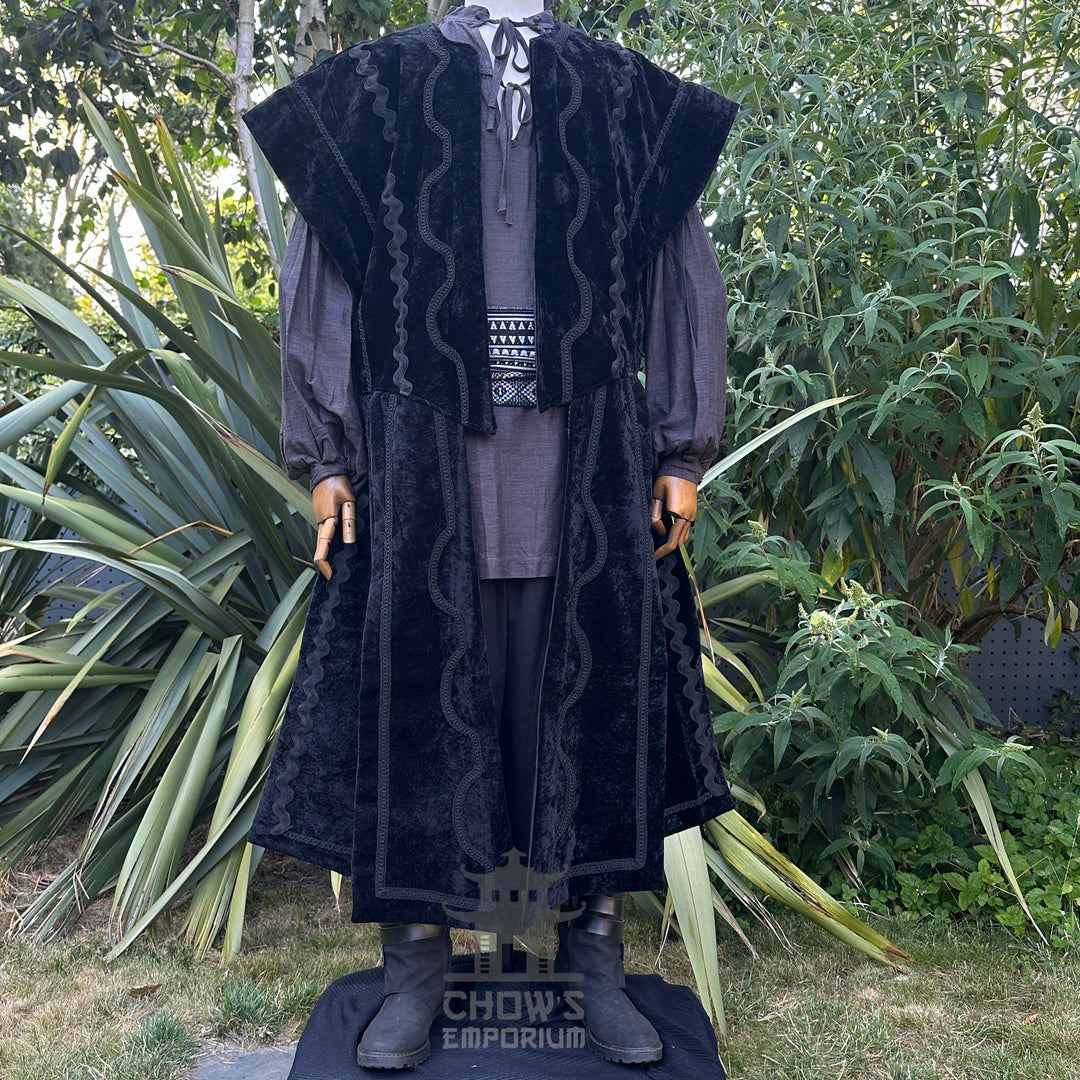 LARP-Outfit für Schurken-Druiden – 7 Teile: Jacke, Kapuze, Armschienen, Tunika, Hose, Gürtel, Schärpe