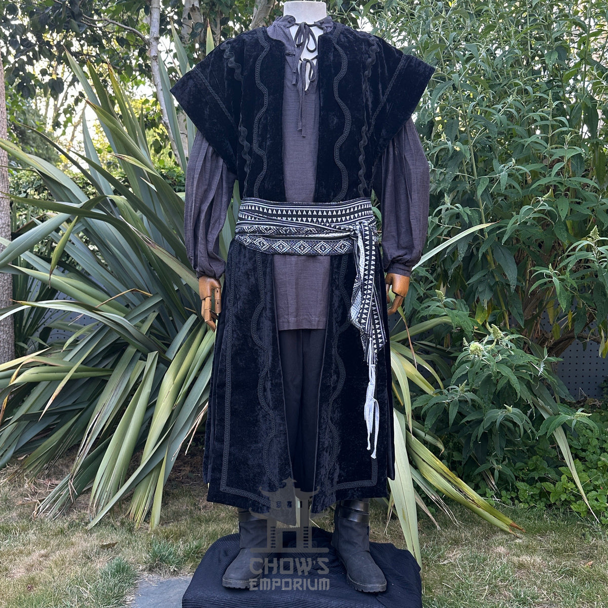 Black velvet waistcoat, grey shirt and trousers, ornate sash, for LARP costumes.
