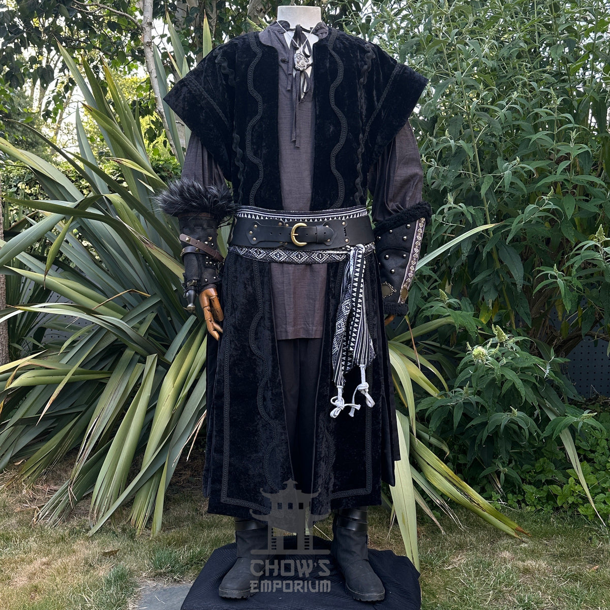 Black velvet LARP necromancer outfit with waistcoat, vambraces, and belt, front view.