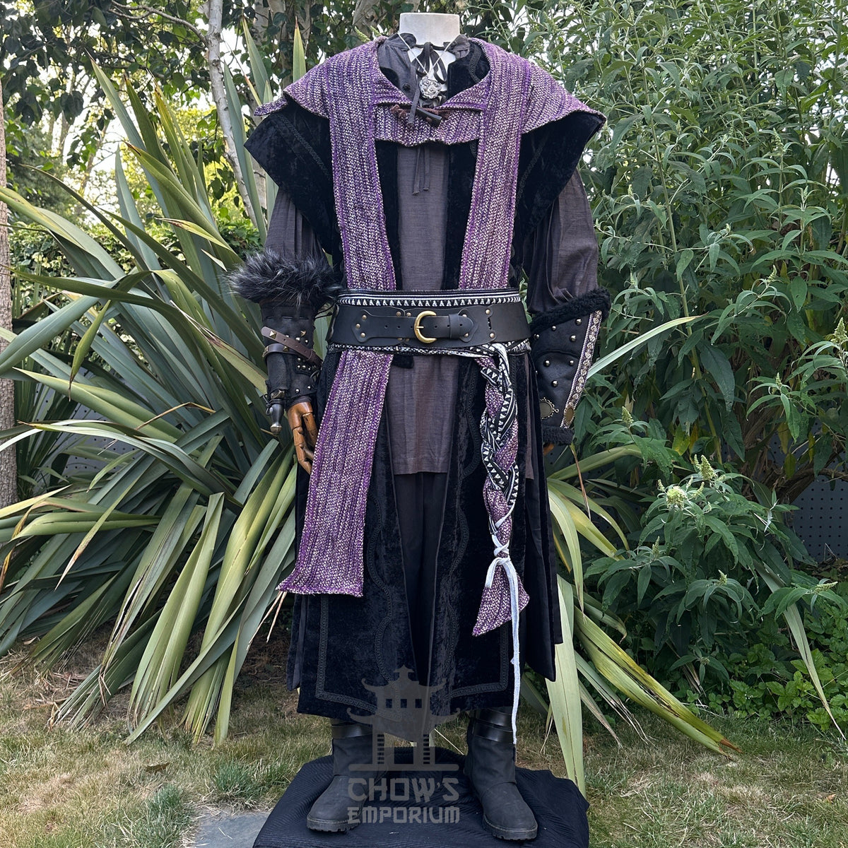 LARP medieval waistcoat, hood, and sash in black and purple shot.