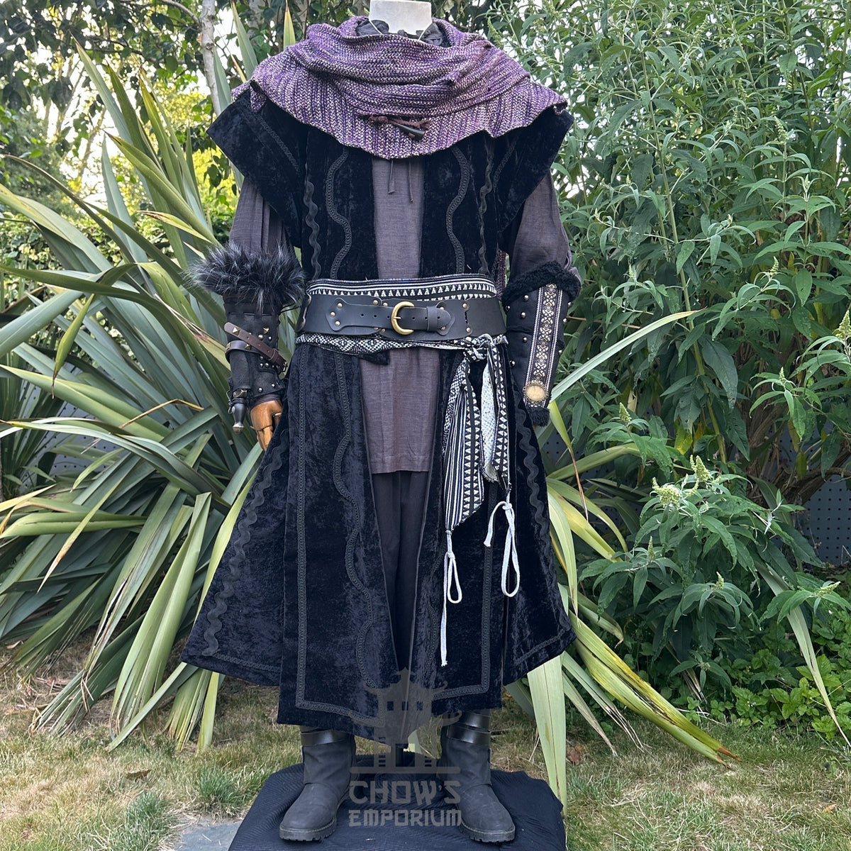 Black velvet waistcoat, purple hood, and sash for LARP or medieval costume.