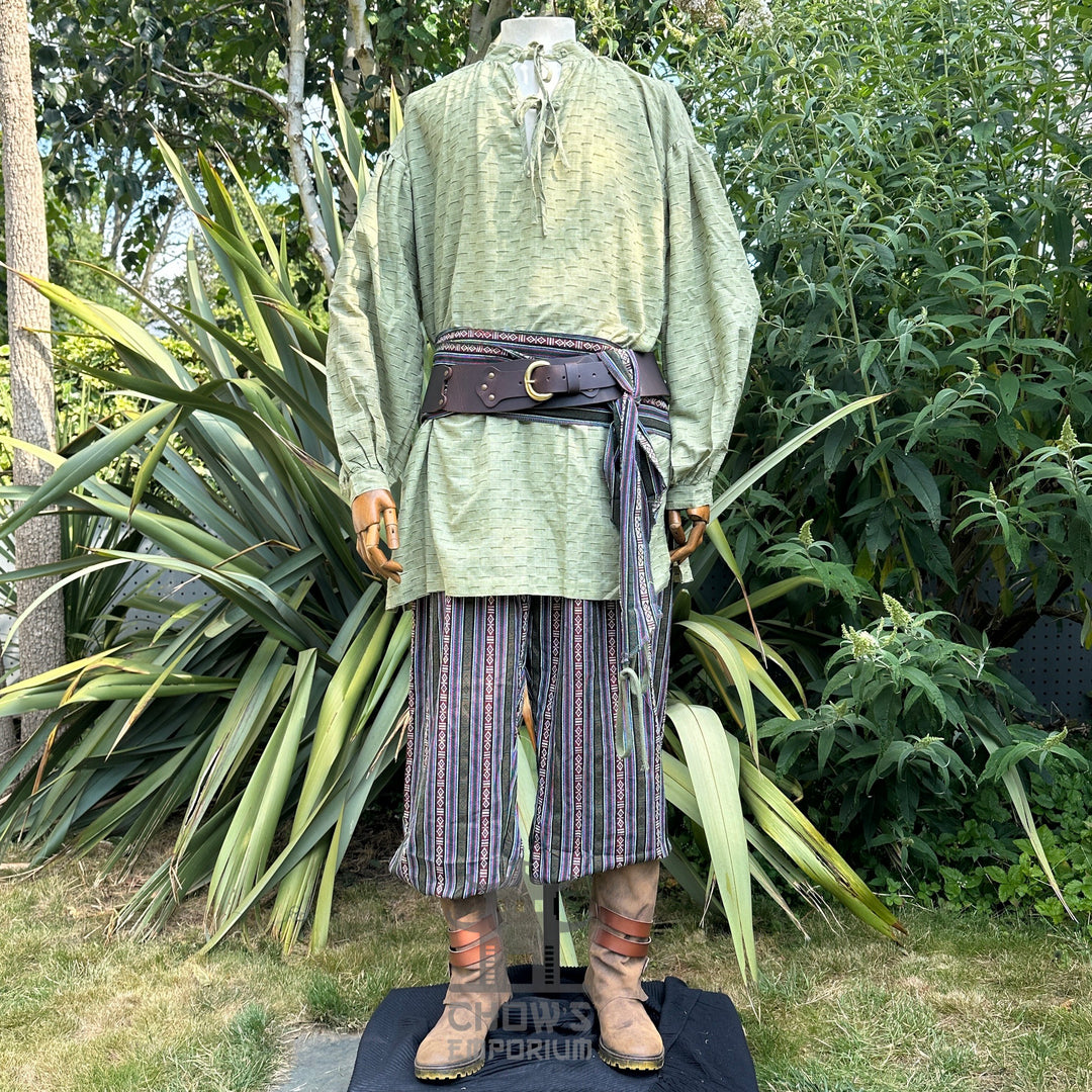 LARP Basic Outfit - 3 Piece Green & Multi Striped (Medieval Shirt, Pants & Sash)