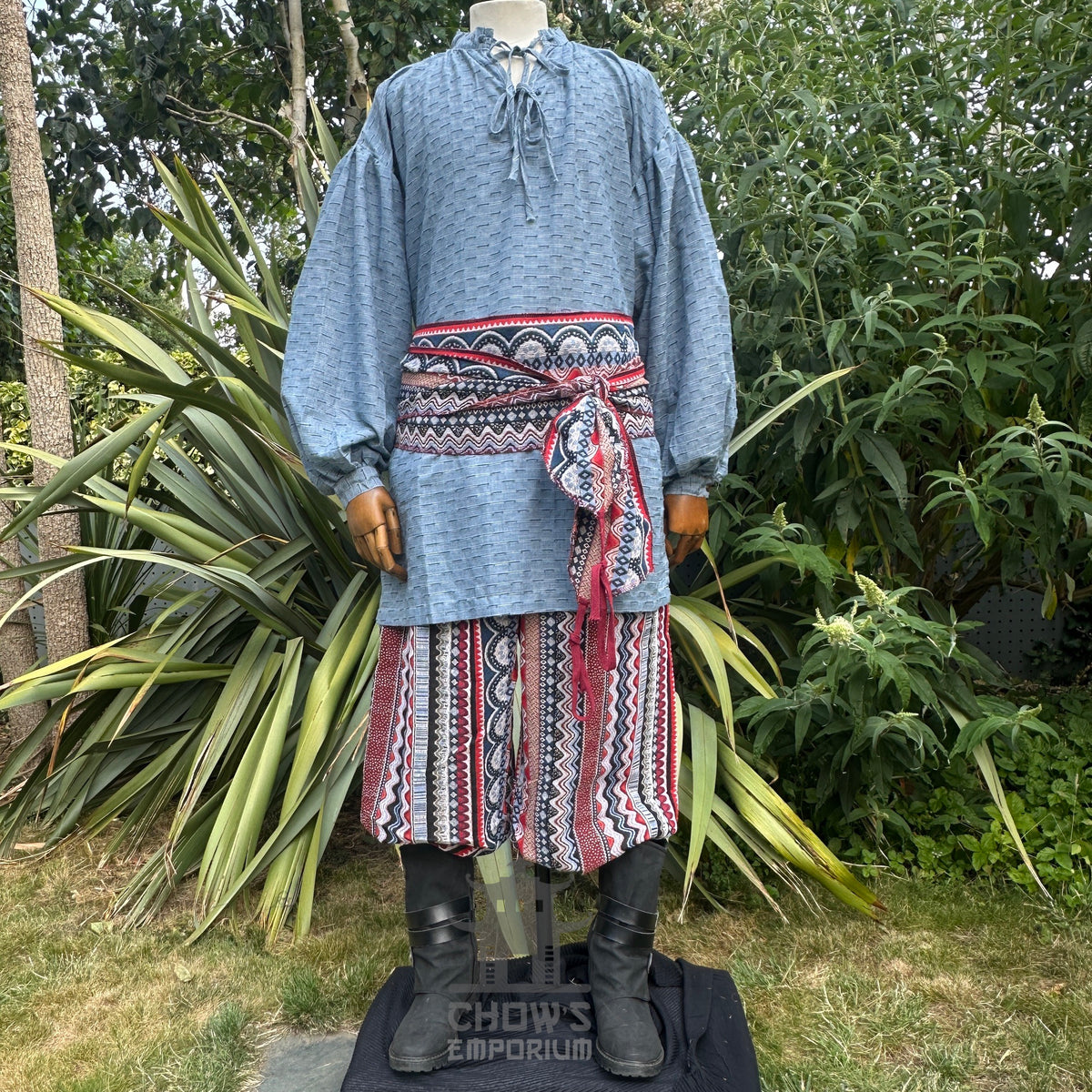 Medieval blue cotton-linen shirt with textured pattern, front view, LARP style.