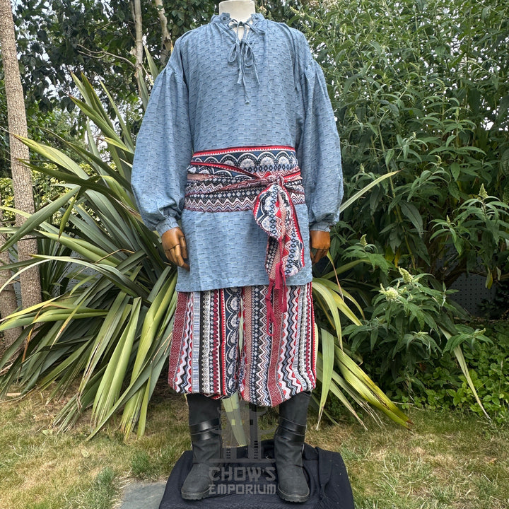 LARP Basic Outfit - 3 Piece Blue & Red Nordic Zigzag (Medieval Shirt, Pants & Sash))