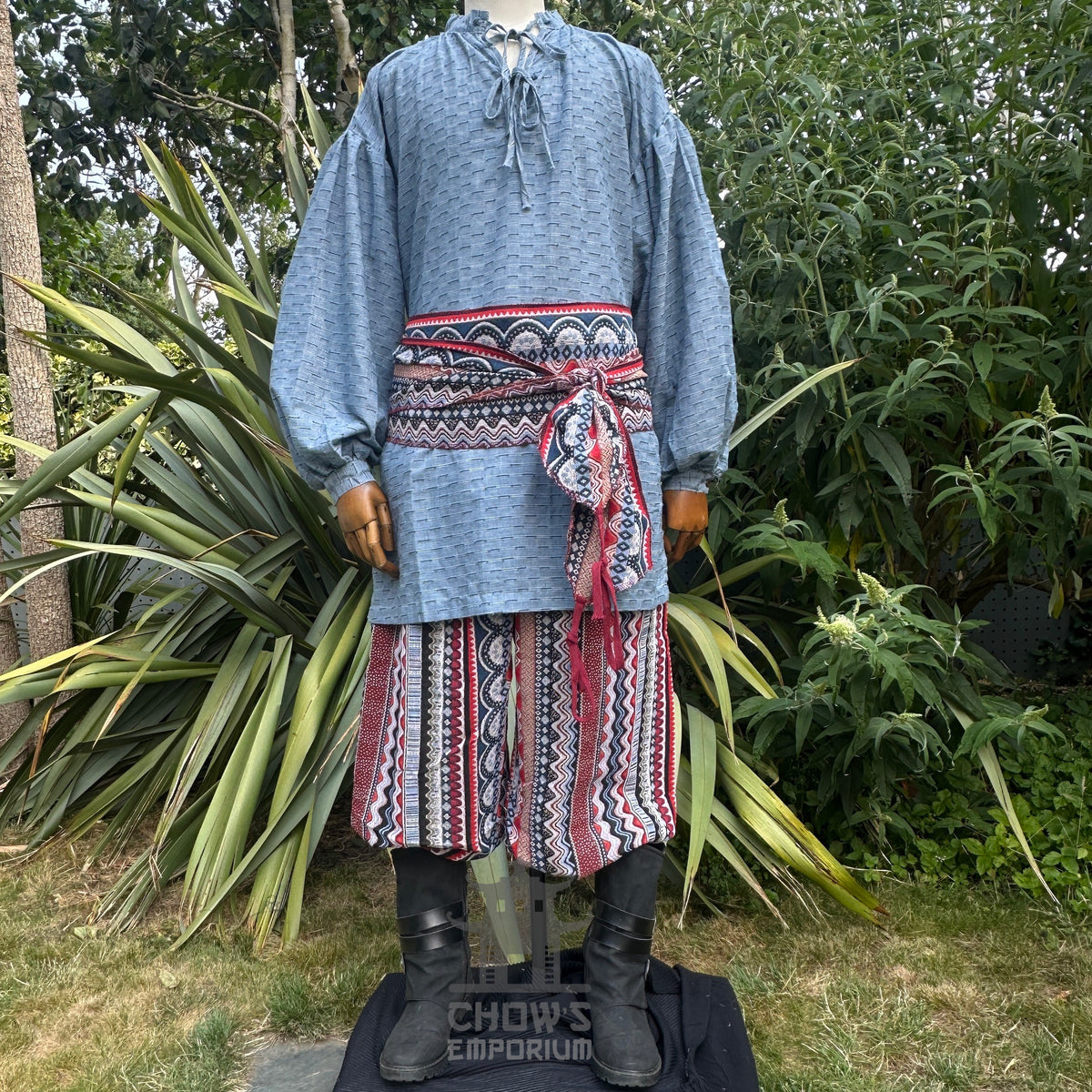 Medieval textured blue cotton and linen shirt for LARP, front view.