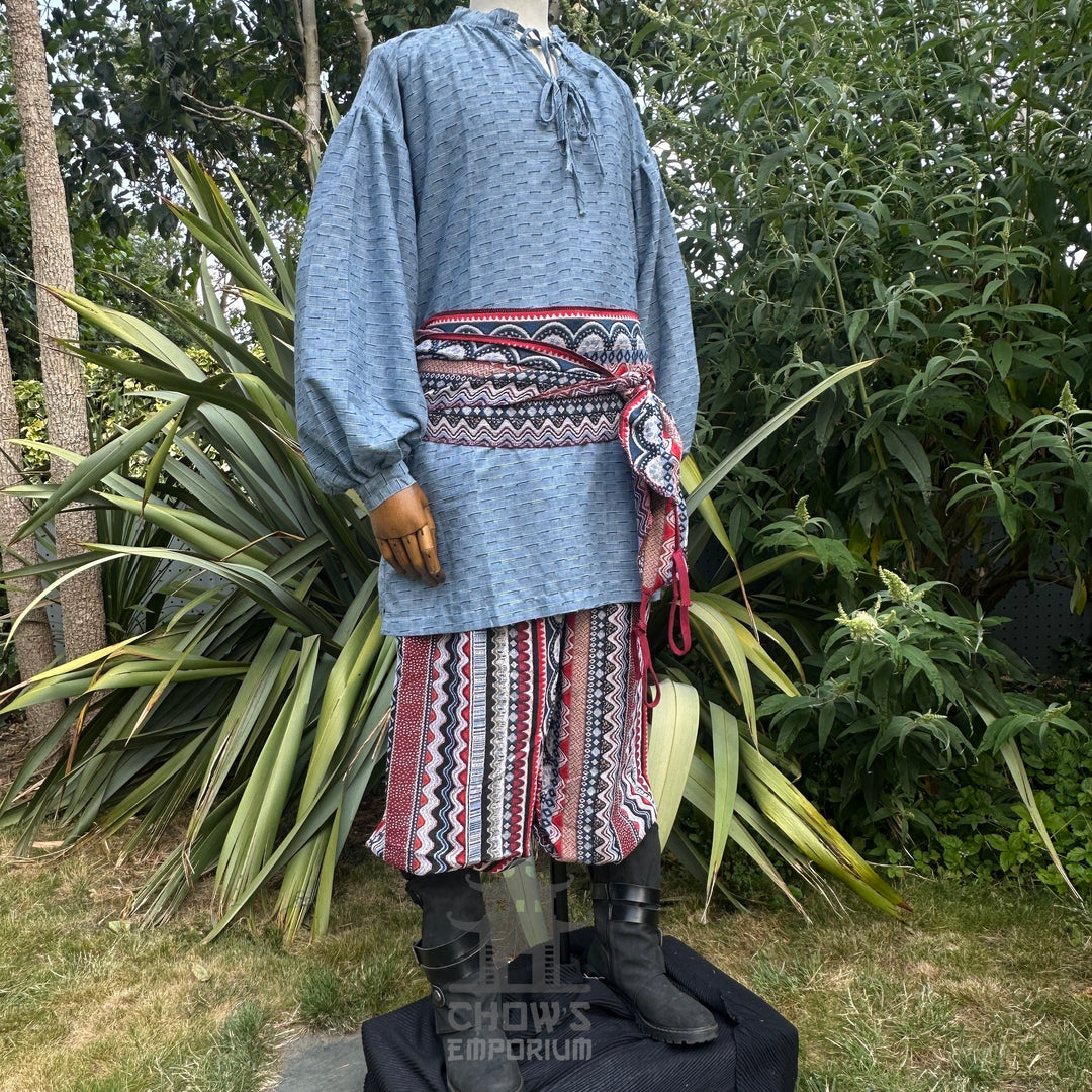 LARP Basic Outfit - 3 Piece Blue & Red Nordic Zigzag (Medieval Shirt, Pants & Sash))