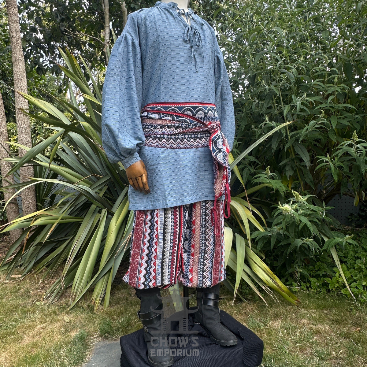 Textured blue cotton and linen medieval shirt for LARP, side view.